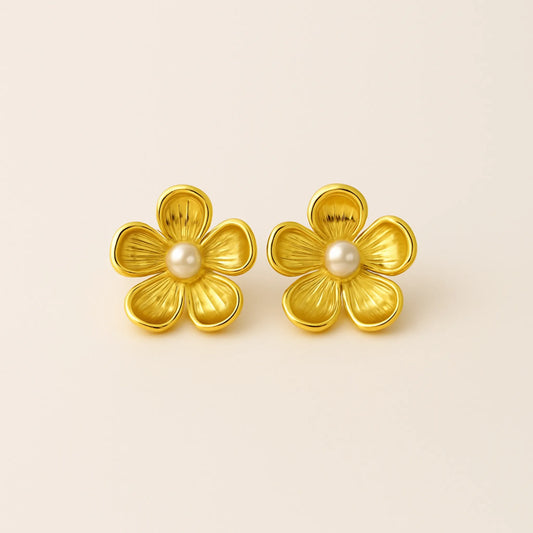 Aros Flor Dorada con Perla