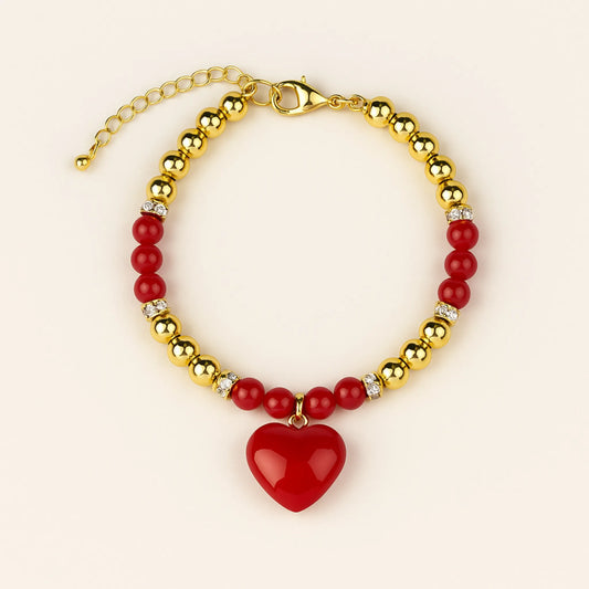 Pulsera Corazón Rojo con Cuentas Doradas